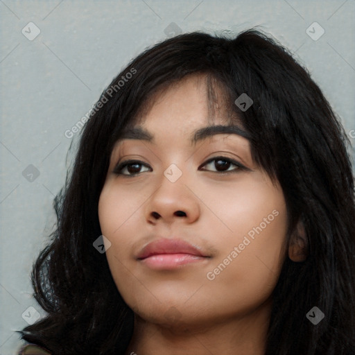 Neutral white young-adult female with long  black hair and brown eyes