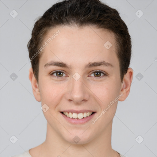 Joyful white young-adult female with short  brown hair and brown eyes