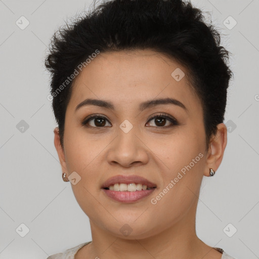 Joyful asian young-adult female with short  brown hair and brown eyes