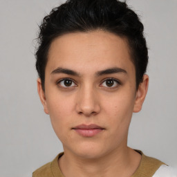 Neutral white young-adult female with short  brown hair and brown eyes