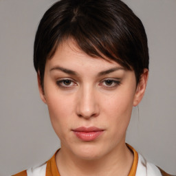 Neutral white young-adult female with short  brown hair and brown eyes