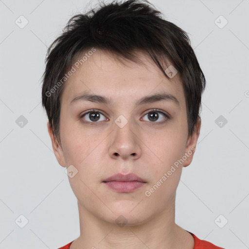 Neutral white young-adult female with short  brown hair and brown eyes