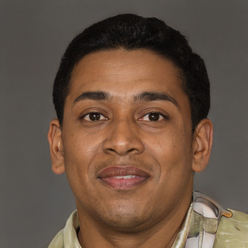 Joyful latino adult male with short  brown hair and brown eyes