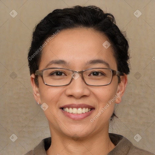 Joyful white adult female with short  brown hair and brown eyes