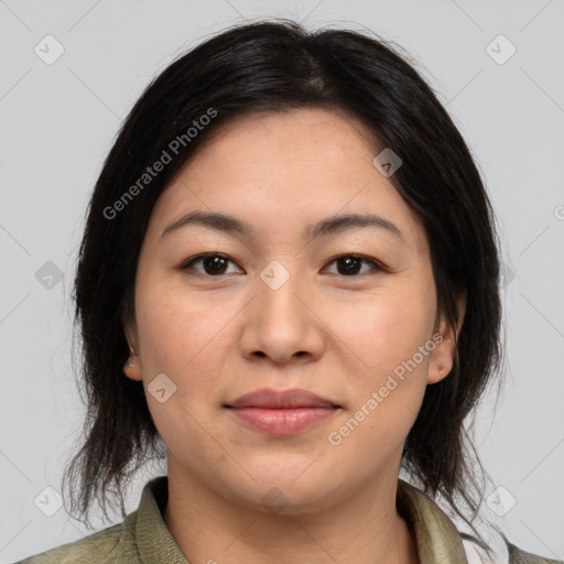 Joyful white young-adult female with medium  brown hair and brown eyes