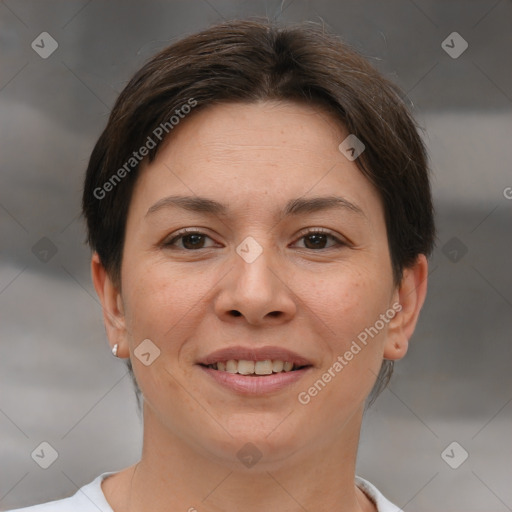 Joyful white young-adult female with short  brown hair and brown eyes