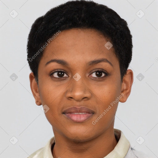 Joyful black young-adult female with short  black hair and brown eyes