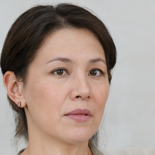 Neutral white adult female with medium  brown hair and brown eyes