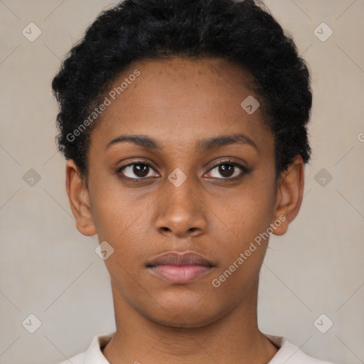 Neutral latino young-adult female with short  black hair and brown eyes