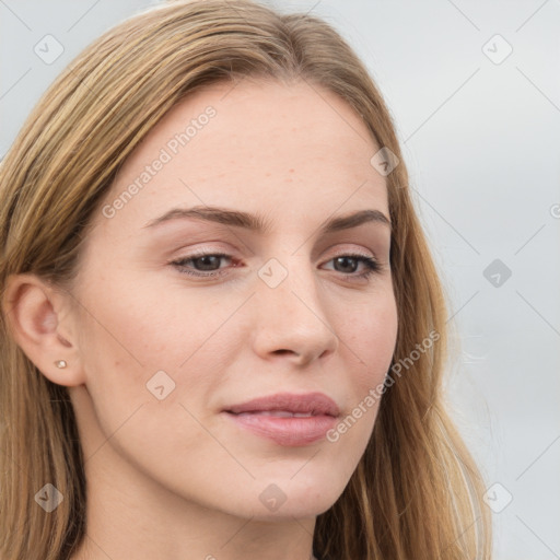 Neutral white young-adult female with long  brown hair and brown eyes