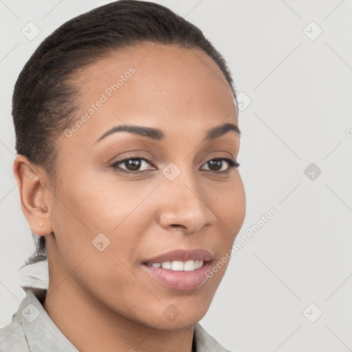 Joyful white young-adult female with short  brown hair and brown eyes