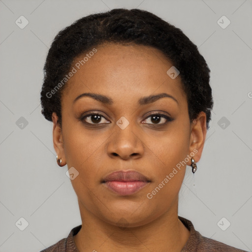 Neutral black young-adult female with short  black hair and brown eyes