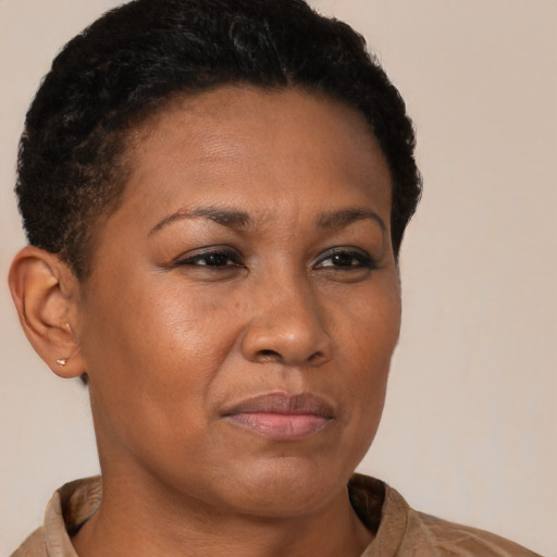 Neutral black adult female with short  brown hair and brown eyes