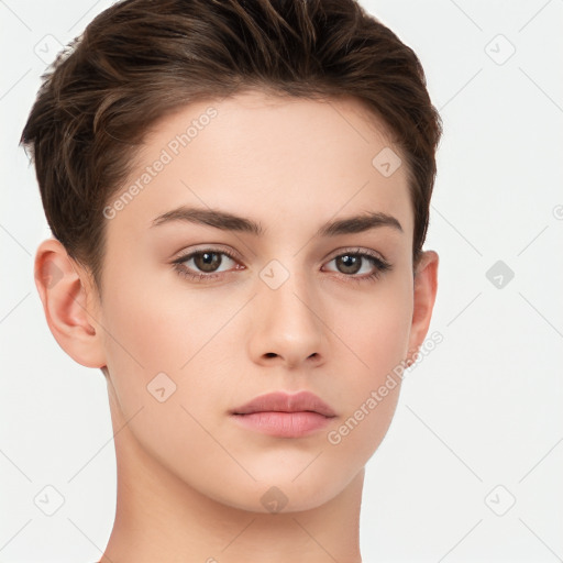 Neutral white young-adult female with short  brown hair and brown eyes