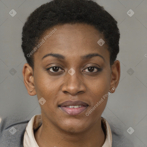 Joyful black young-adult female with short  brown hair and brown eyes