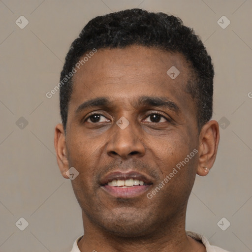 Neutral black adult male with short  black hair and brown eyes