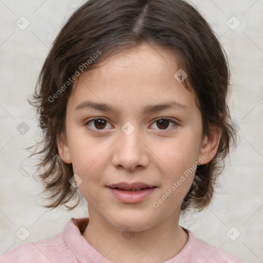 Joyful white child female with medium  brown hair and brown eyes