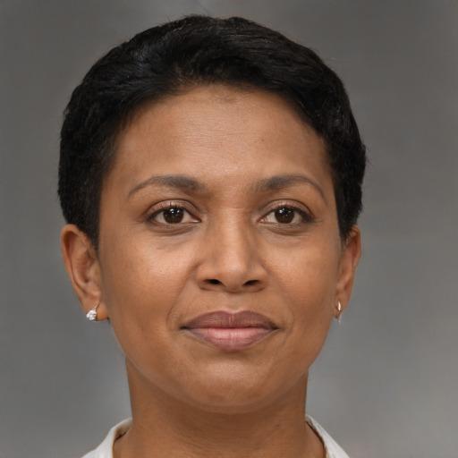 Joyful latino adult female with short  brown hair and brown eyes