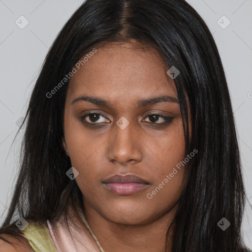 Neutral asian young-adult female with long  black hair and brown eyes