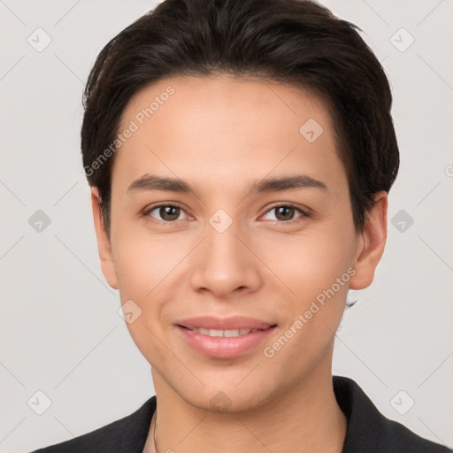 Joyful white young-adult male with short  brown hair and brown eyes