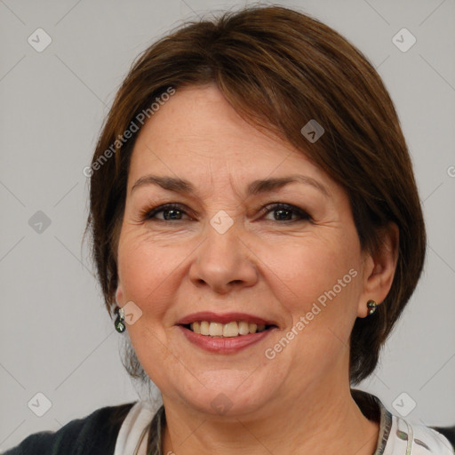 Joyful white adult female with medium  brown hair and brown eyes