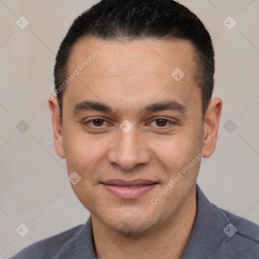 Joyful white young-adult male with short  black hair and brown eyes