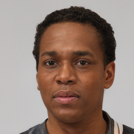 Neutral black adult male with short  black hair and brown eyes