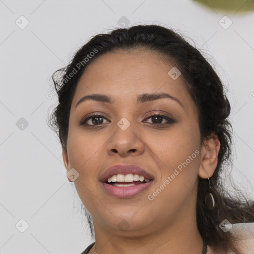 Joyful latino young-adult female with medium  brown hair and brown eyes