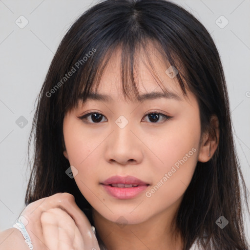 Neutral asian young-adult female with long  brown hair and brown eyes