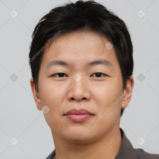 Neutral asian young-adult male with short  brown hair and brown eyes