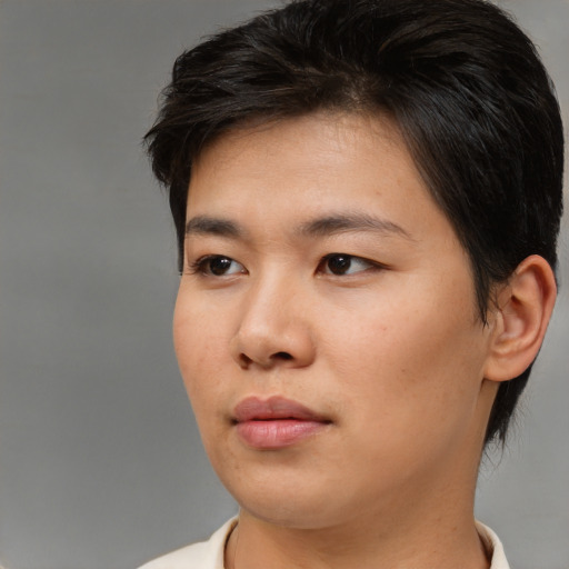 Neutral asian young-adult male with short  brown hair and brown eyes