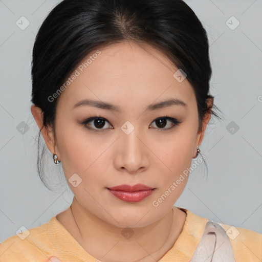 Joyful asian young-adult female with medium  brown hair and brown eyes