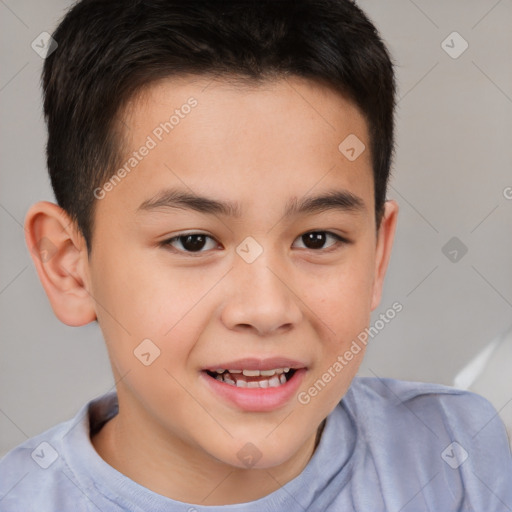 Joyful white child male with short  brown hair and brown eyes