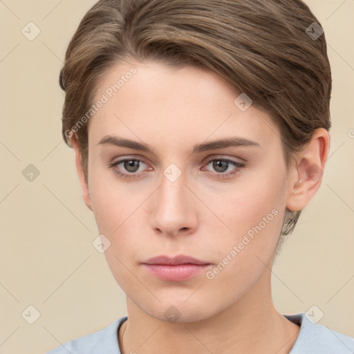 Neutral white young-adult female with short  brown hair and brown eyes