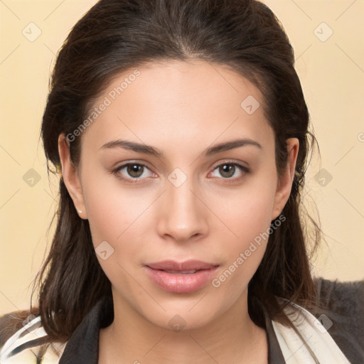 Neutral white young-adult female with long  brown hair and brown eyes