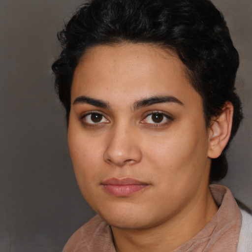 Neutral latino young-adult female with short  brown hair and brown eyes
