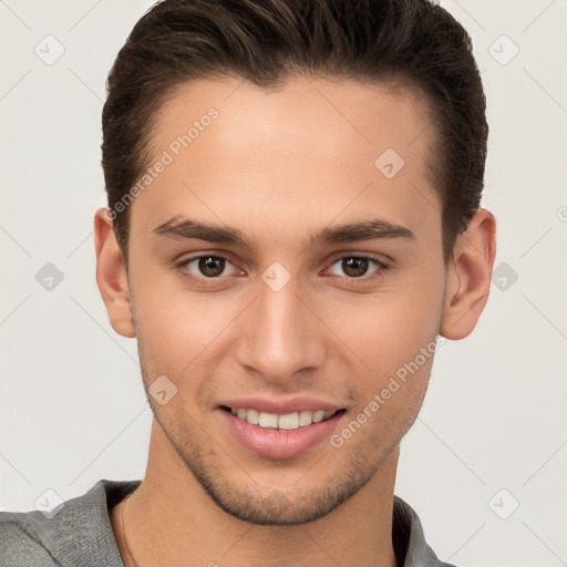 Joyful white young-adult male with short  brown hair and brown eyes