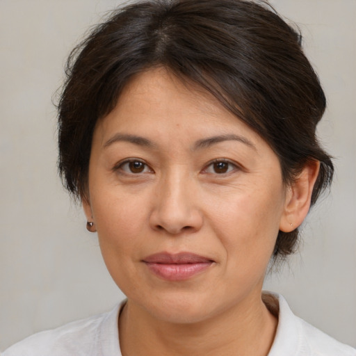 Joyful white adult female with medium  brown hair and brown eyes