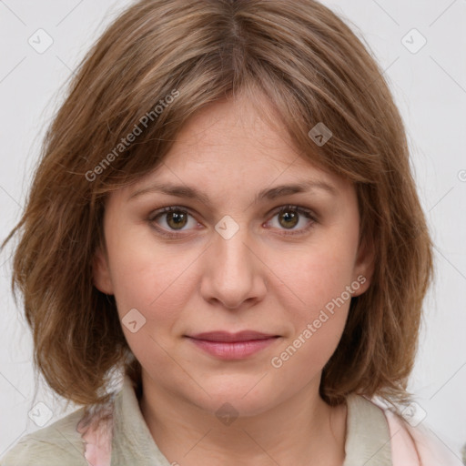 Joyful white young-adult female with medium  brown hair and green eyes