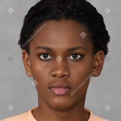 Neutral black young-adult female with short  brown hair and brown eyes