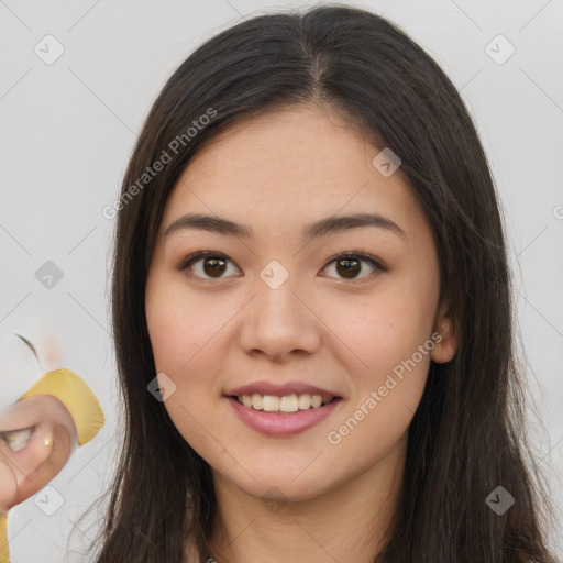 Joyful white young-adult female with long  brown hair and brown eyes