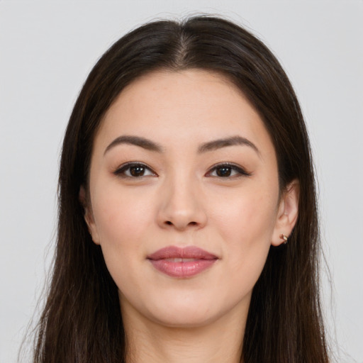 Joyful asian young-adult female with long  brown hair and brown eyes