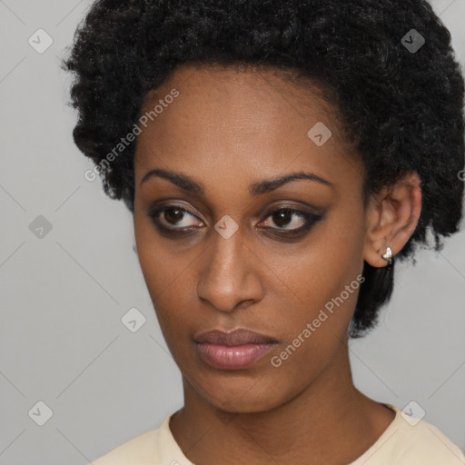 Neutral black young-adult female with short  black hair and brown eyes