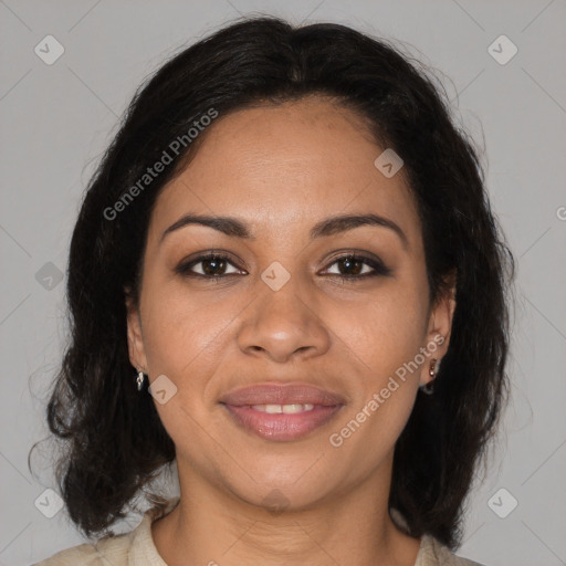 Joyful latino young-adult female with medium  brown hair and brown eyes