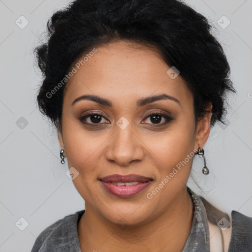 Joyful latino young-adult female with medium  black hair and brown eyes