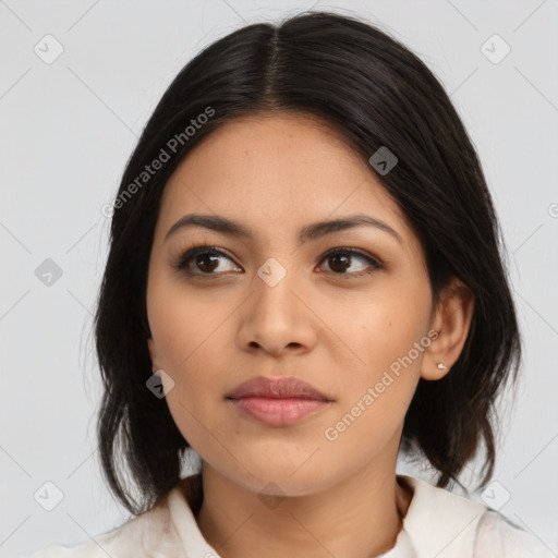 Neutral asian young-adult female with medium  brown hair and brown eyes