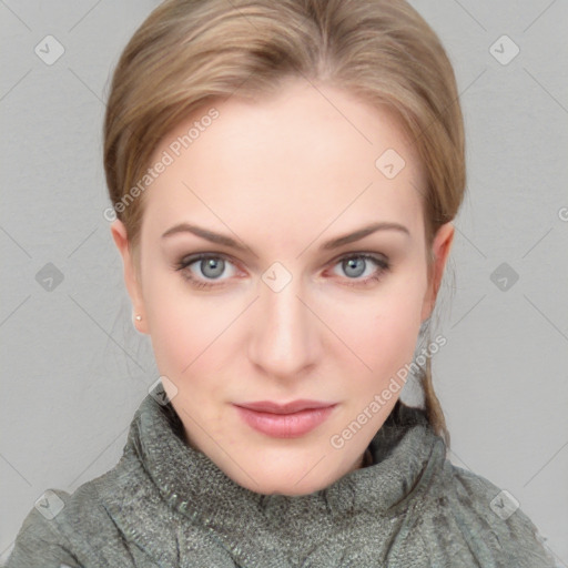 Neutral white young-adult female with medium  brown hair and blue eyes