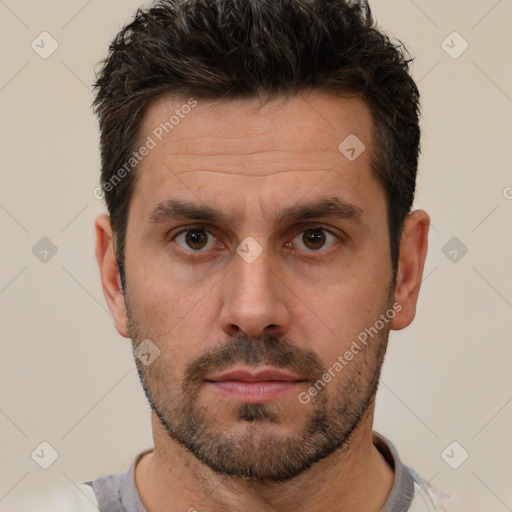 Neutral white adult male with short  brown hair and brown eyes