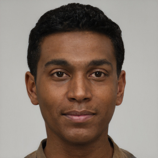 Neutral black young-adult male with short  black hair and brown eyes