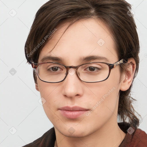 Neutral white young-adult female with medium  brown hair and grey eyes